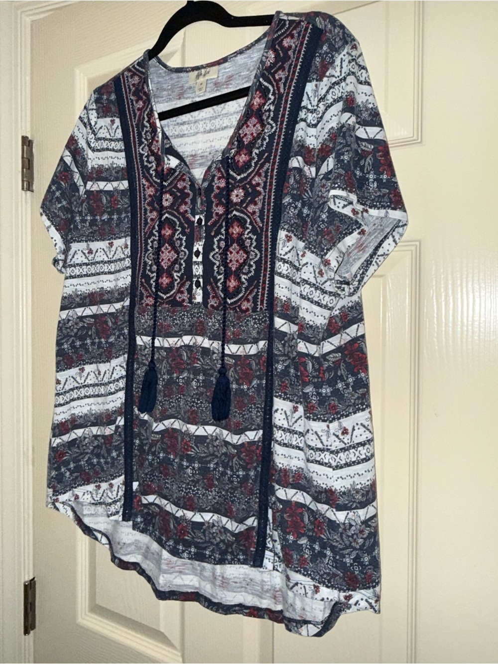Style & Co. Navy and Red Boho Tassel V-Neck Tunic